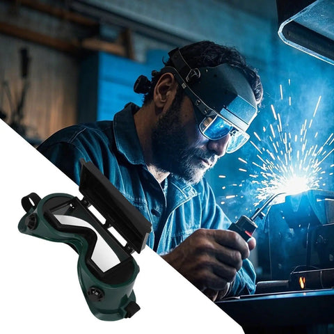 Heavy Duty Auto Darkening Welding Goggles With Snap Switch Lenses For Arc Cutting And Grinding Offer Rock Solid Eye Protection And All Day Comfort On Any Job Site, shown in use during welding.