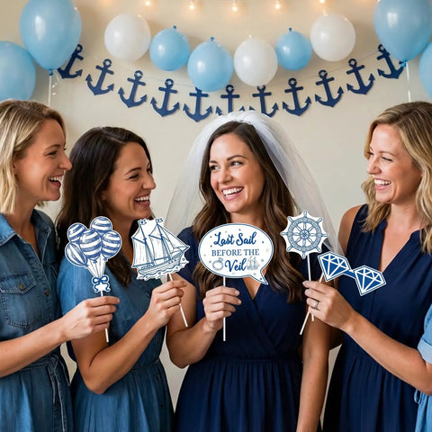 Women holding Last Sail Before The Veil Photo Booth Props Kit 24 Nautical Bachelorette Party Decorations with Anchors Rings.