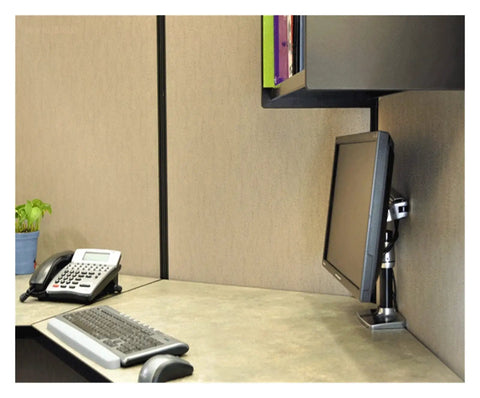 Slick Aluminum Desktop Clamp Monitor Mount For 17 To 32 Inch Screens With Smooth Full Motion Spring Arm in office setup.