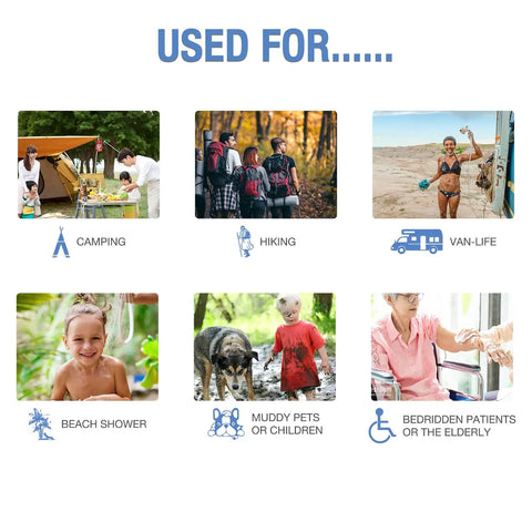 Portable Camping Shower Pump Powered By Four D Batteries shown used for camping, hiking, van-life, beach shower, muddy pets, elderly care
