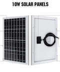 10W Portable Solar Panel Charger For 12V Battery And Gate Opener showing features like aluminum frame, junction box, and cable