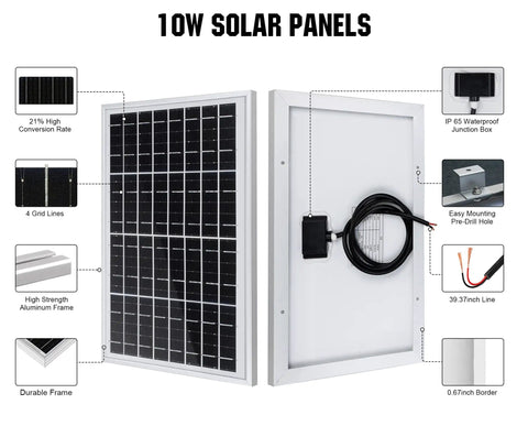 10W Portable Solar Panel Charger For 12V Battery And Gate Opener showing features like aluminum frame, junction box, and cable