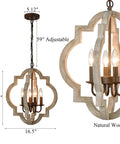 Farmhouse White Wood Pendant Chandelier For Dining Room With Open Cage Frame Rustic French Country Lighting Distressed Wood And Metal Finish Dual Finish Rustic Chic Ceiling Light, 17.5 inch with 59 inch chain.