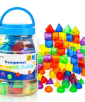 60 Piece 3D Shapes Kit For Teaching Geometric Solids For Kids, colorful translucent shapes in a jar and stacked on a table.