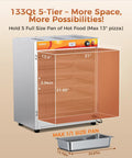 Top Shelf Heavy Duty Commercial Food Warmer Cabinet Featuring Spacious 133 Quart Five Tier Layout with dimensions and tray size indicated.