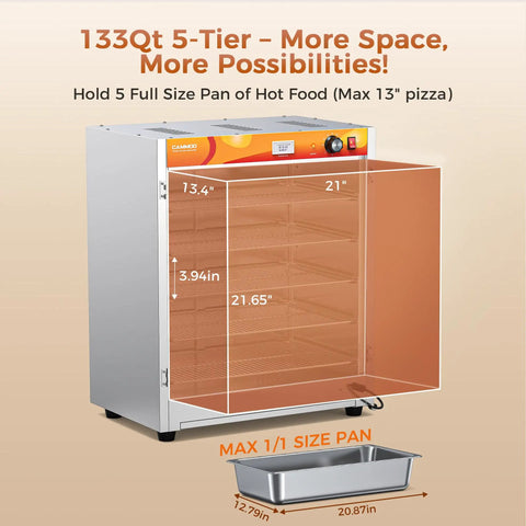 Top Shelf Heavy Duty Commercial Food Warmer Cabinet Featuring Spacious 133 Quart Five Tier Layout with dimensions and tray size indicated.