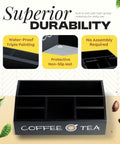 Black All In One Coffee Station Organizer For Your Coffee Bar Setup And Tea Storage with compartments and text overlays