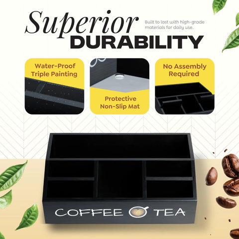 Black All In One Coffee Station Organizer For Your Coffee Bar Setup And Tea Storage with compartments and text overlays