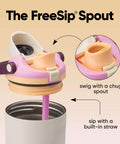 Close-up of FreeSip 2-In-1 Spout Water Bottle cap showing built-in straw and chug spout, insulated stainless steel design.