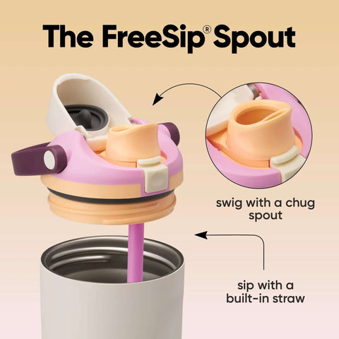 Close-up of FreeSip 2-In-1 Spout Water Bottle cap showing built-in straw and chug spout, insulated stainless steel design.