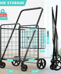 Heavy Duty Folding Grocery Cart That Hauls 360 Lbs Capacity With Waterproof Liner And 360 Degree Swivel Wheels Double Basket Collapsible Shopping Cart For Condo Laundry And Trips with dimensions