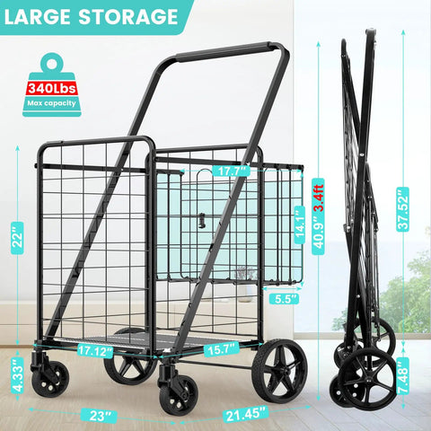 Heavy Duty Folding Grocery Cart That Hauls 360 Lbs Capacity With Waterproof Liner And 360 Degree Swivel Wheels Double Basket Collapsible Shopping Cart For Condo Laundry And Trips with dimensions