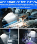 Insane Bright 20W Magnetic Work Light Packing 2000 Lumens, illuminating various machines in a workshop setting.