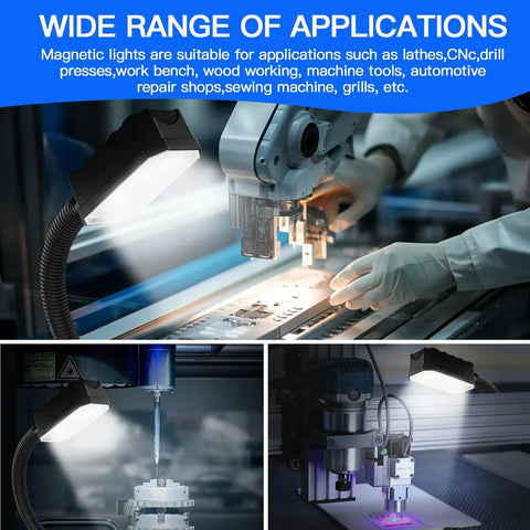 Insane Bright 20W Magnetic Work Light Packing 2000 Lumens, illuminating various machines in a workshop setting.