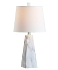 White Marble Look Resin Table Lamp With Faceted Contemporary Design, Cool Bedside Lamp For Bedroom Or Living Room, White Linen Shade, LED Bulb Included, ETL Listed, 120 Volt.