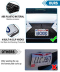 Front License Plate Bracket With Full Border In Black ABS, 4 Hook Design, Stainless Steel Screws, shows durability comparison.