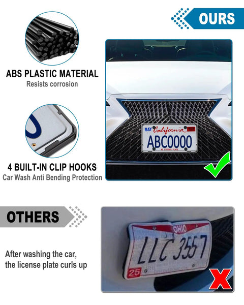 Front License Plate Bracket With Full Border In Black ABS, 4 Hook Design, Stainless Steel Screws, shows durability comparison.
