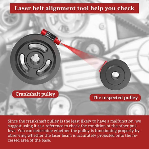 Laser Alignment Tool For Precise BDS Displacement Diagnosis With Magnetic Base shown aligning crankshaft and pulley.