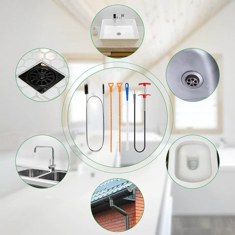 Five Piece Hair Drain Clog Remover Kit With Flexible Snakes And Long Reach Grabber For Toilet, Sink, Tub, Shower And Sewer Includes 61 Inch Snake, Two 19.6 Inch Hair Snakes, 17.7 Inch Cleaning Brush, 63 Inch Grabber, And Double End Pipe Brush