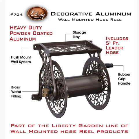 Decorative Cast Aluminum Wall Mount Garden Hose Reel Holds 125 Feet Of Five Eighths Inch Hose Bronze Finish Weather Resistant