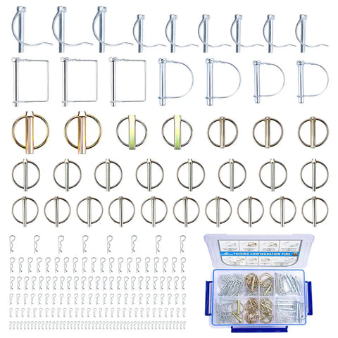 200 Piece Heavy Duty Pin Assortment Kit For Trailers, Tractors, Trucks, Mowers And Farm Equipment Including Hitch Pins, R Clips, Lynch Pins, PTO Pins For Towing, Snow Plows, And Lawn Care