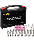 50Pcs AG60P Plasma Cutter Torch Consumables Kit Pro Grade.040 In Tips, Nozzles And Electrodes arranged in front of carrying case