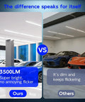 Comparison of 30W 2Ft LED Shop Light 3500 Lumens 6500K with other dim flickering lights in a garage setting