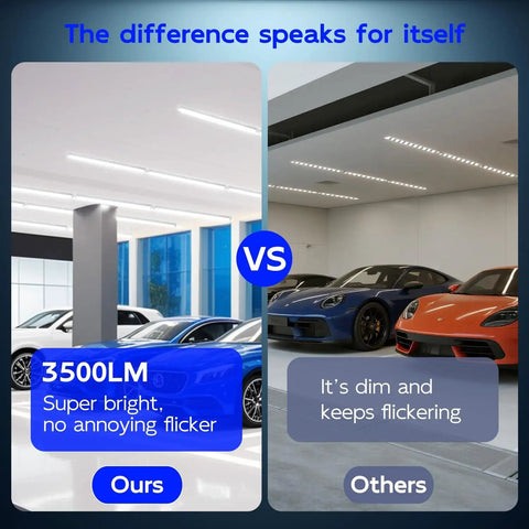 Comparison of 30W 2Ft LED Shop Light 3500 Lumens 6500K with other dim flickering lights in a garage setting