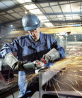 Worker using Beefy Torque 5 Inch Variable Speed Angle Grinder With Electronic Speed Control 2800 To 11000 RPM for grinding metal