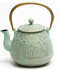 Cast Iron Teapot With Stainless Steel Infuser For Stovetop Brewing, 32 Oz Capacity, Enamel Interior, Leaf Design, Light Green Kettle