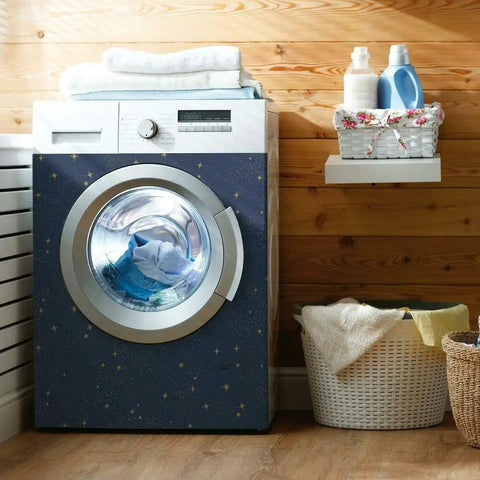 Upon A Star Navy And Metallic Peel And Stick Wallpaper For A Quick No Mess Makeover on washing machine front
