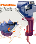 Heavy Duty 2.5 Inch Bench Vise Clamp-On Table Vise With 360 Degree Swivel Base For Woodworking Metalworking Drilling And Cutting, Rugged Cast Iron Construction In Blue Powder Coat Finish, Built For Long Haul Shop Sessions, 360° swivel base on bench
