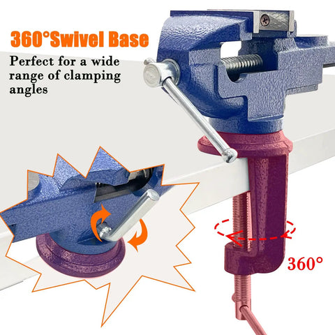 Heavy Duty 2.5 Inch Bench Vise Clamp-On Table Vise With 360 Degree Swivel Base For Woodworking Metalworking Drilling And Cutting, Rugged Cast Iron Construction In Blue Powder Coat Finish, Built For Long Haul Shop Sessions, 360° swivel base on bench