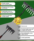 Comparison of two garden weed puller tools, highlighting the features of the Eight Tine Garden Weed Puller Tool With Wooden Handle and rustproof rake.