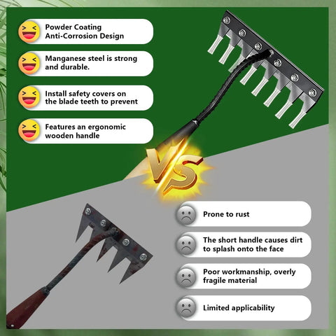 Comparison of two garden weed puller tools, highlighting the features of the Eight Tine Garden Weed Puller Tool With Wooden Handle and rustproof rake.