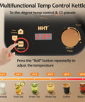 Close-up of Electric Tea Maker control panel showing temperature settings for herbal, fruit, loose leaf teas, glass kettle