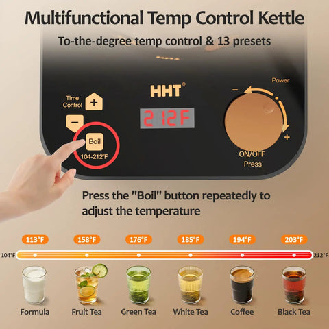 Close-up of Electric Tea Maker control panel showing temperature settings for herbal, fruit, loose leaf teas, glass kettle