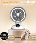 2 In 1 Heater And Fan Portable Space Heater With 60 Degree Oscillation, control panel, and remote control on display