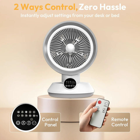 2 In 1 Heater And Fan Portable Space Heater With 60 Degree Oscillation, control panel, and remote control on display