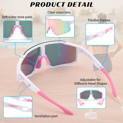 Unisex Sports Sunglasses For Men Women And Teens With UV400 Protection Wraparound Wide View One Piece Frame Built For Baseball Biking And Cycling Dust Wind Blocker Stylish Comfort For All Day Wear, showcasing design features on a running track background.