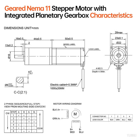 Geared NEMA 11 stepper motor with integrated planetary gearbox; front and side dimensional diagram