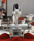 Heavy Duty Semi Automatic Powder Filling Machine Smooth Operator With Conveyor For Granular Packets Like Feed Sugar Coffee 10 To 200 Grams Running Smooth At 15 To 30 Bags Per Minute Badass Stainless Steel Build With Mixer 110V with funnel pouring powder.