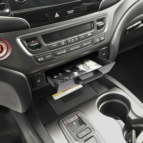 Close-up of open Removable Center Console Tray Organizer for Honda Pilot 2016-2022 displaying coins and small items neatly inside cubby.