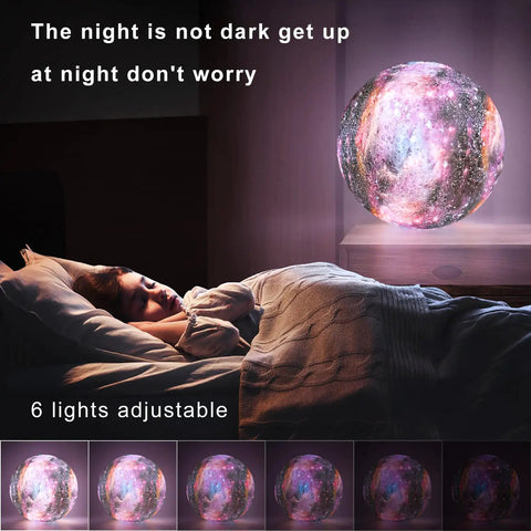 7.9 Inch Large Moon Lamp with Galaxy Starry Surface, 16 Color Modes, lighting up a bedroom with sleeping child nearby