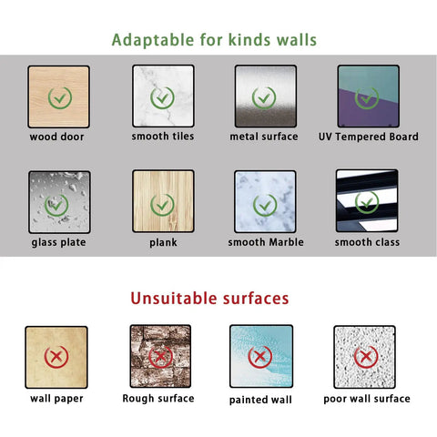 Surfaces suitable and unsuitable for Heavy Duty Adhesive Hooks That Disappear Into Your Decor, Hold Up To 22 Lb, Waterproof And Reusable, No Nails Or Drills, Easy Peel And Stick, Perfect For Kitchen, Bathroom, And Office, Transparent 10 Pack