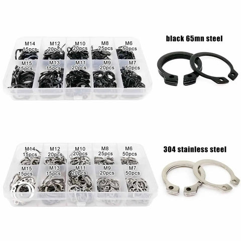 750 Pcs Retaining Rings Assortment Kit M6 To M15 External Circlips Snap Ring Set with black 65Mn and 304 stainless steel rings