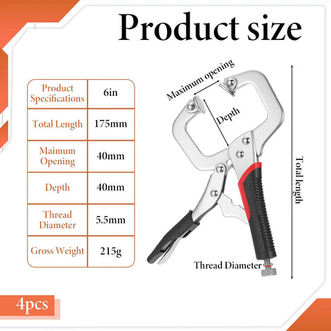 4 Pack 6 Inch C Clamp Locking Pliers Vise Grip Clamps Heavy Duty Welding Clamp With Swivel Pads, product specifications shown
