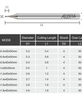 Diagram of 0.6mm Micro Carbide Flat End Mill 2 Flutes Uncoated Micro Grain CNC Milling Cutter for aluminum with size chart.