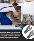 Man using Heavy Duty PVC Pipe Threader Kit For 1/2 Inch And 3/4 Inch Plastic Pipes for plumbing repairs under kitchen sink.