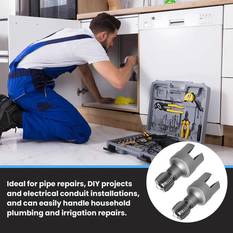 Man using Heavy Duty PVC Pipe Threader Kit For 1/2 Inch And 3/4 Inch Plastic Pipes for plumbing repairs under kitchen sink.